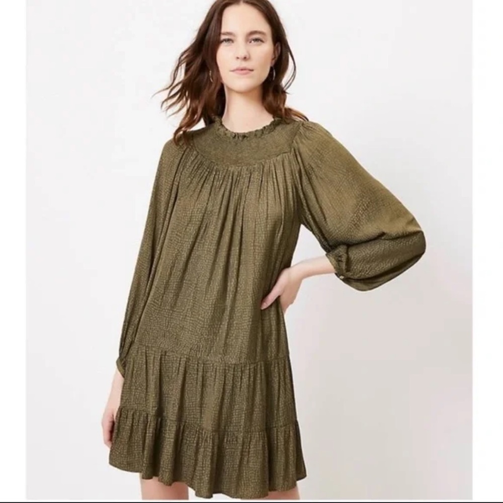 Loft Ivy green ruffle smocked polka dot Swing dress